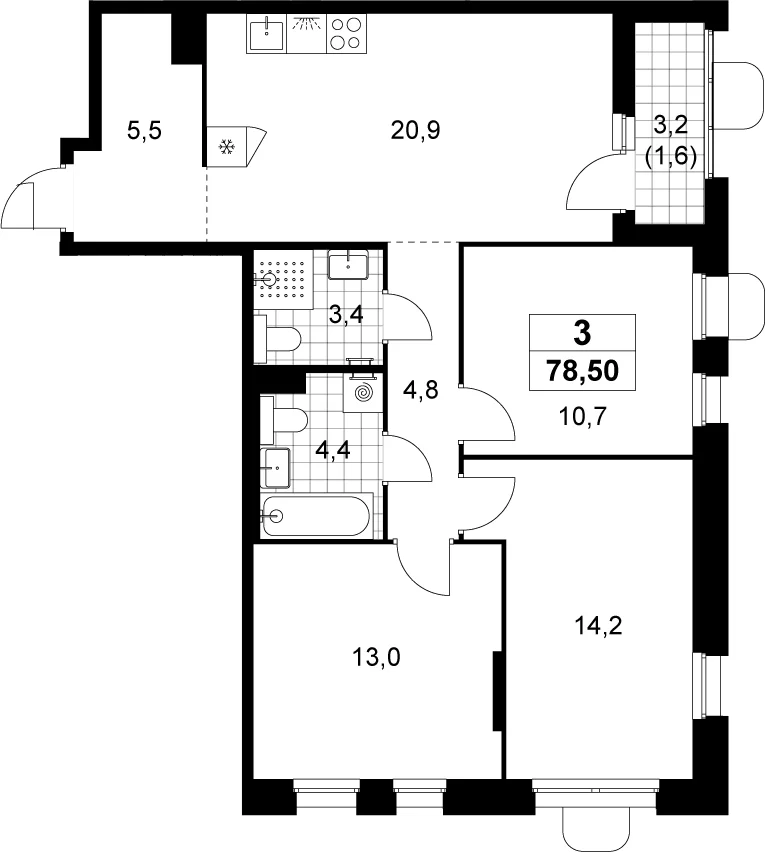 Планировка: Квартира евро-4 76,9 м² в ЖК «Прокшино»