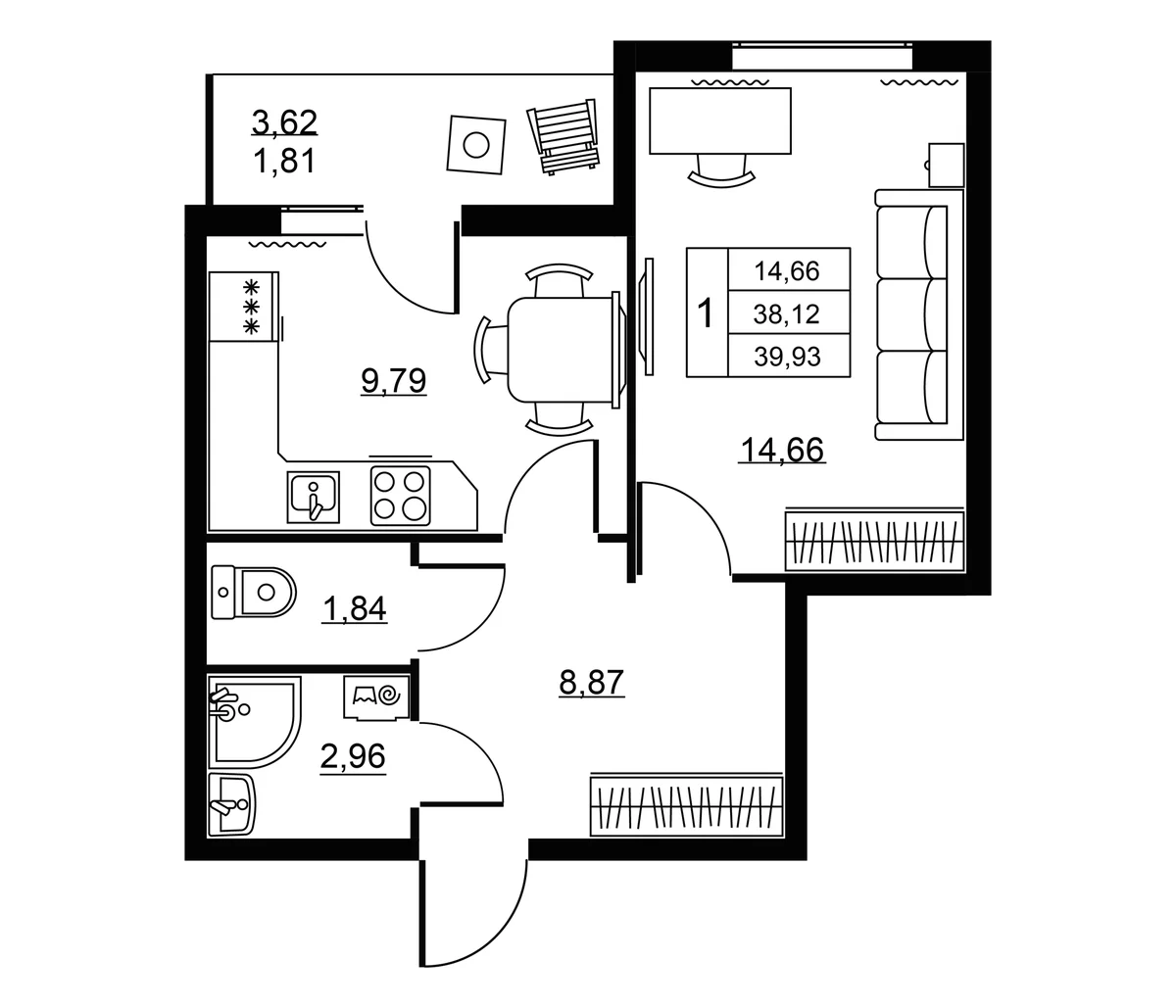 Планировка: 1-комнатная квартира 38,1 м² в ЖК «Пулковское, 34»