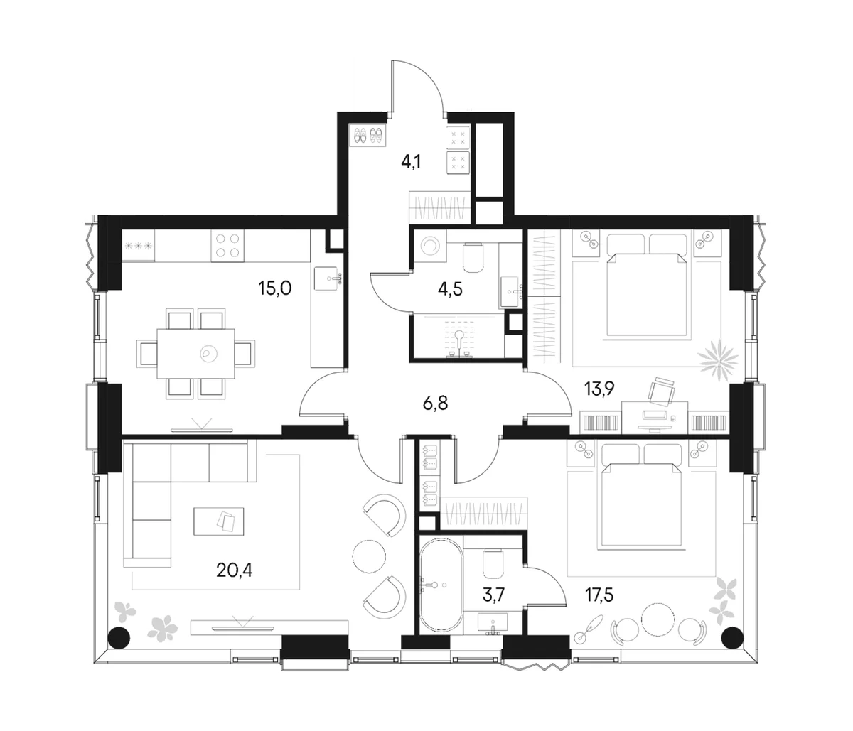 Планировка: 3-комнатная квартира 85,9 м² в ЖК «Клубный город на реке Примавера»