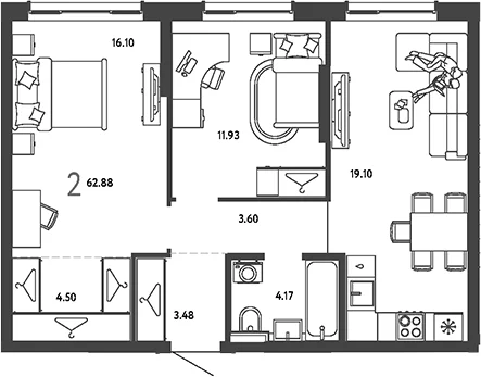 Планировка: 2-комнатная квартира 62,9 м² в ЖК «Страна.Парковая»