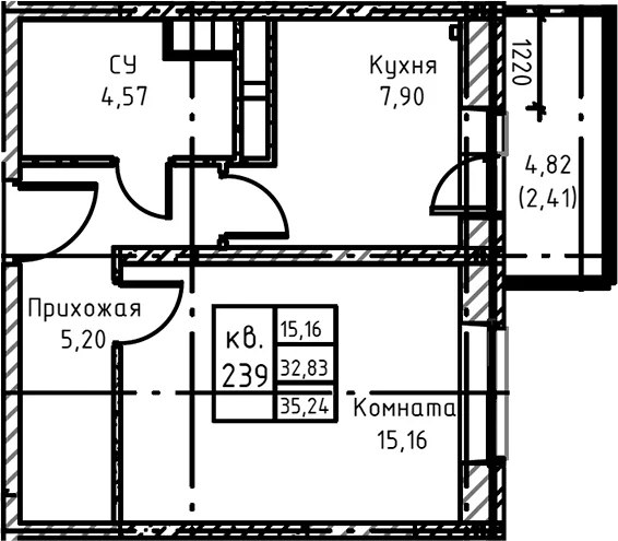 Планировка: 1-комнатная квартира 37,9 м² в ЖК «Высокий Берег»
