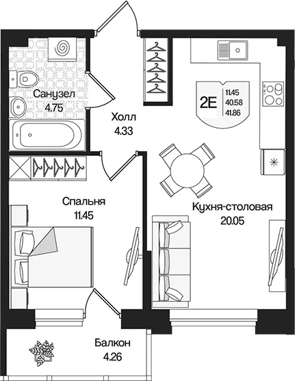 Планировка: Евродвушка 40,6 м² в ЖК «Охтинские высоты»