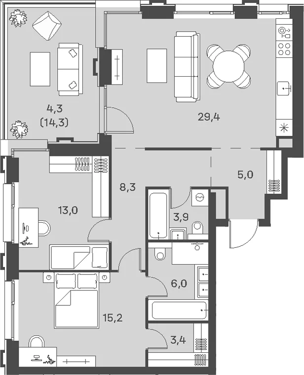 Планировка: Евротрёшка 84,2 м² в ЖК «Портленд»