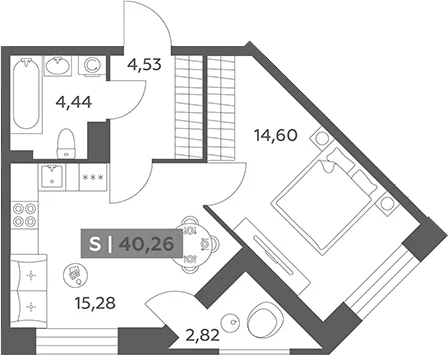 Планировка: Евродвушка 38,9 м² в ЖК «Аквилон РекаПарк»