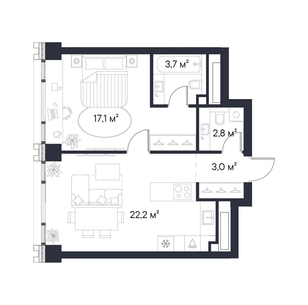 Планировка: 1-комнатная квартира 48,8 м² в ЖК «Первый Нагатинский»