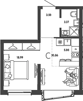 Планировка: Студия 30,9 м² в ЖК «Страна.Парковая»