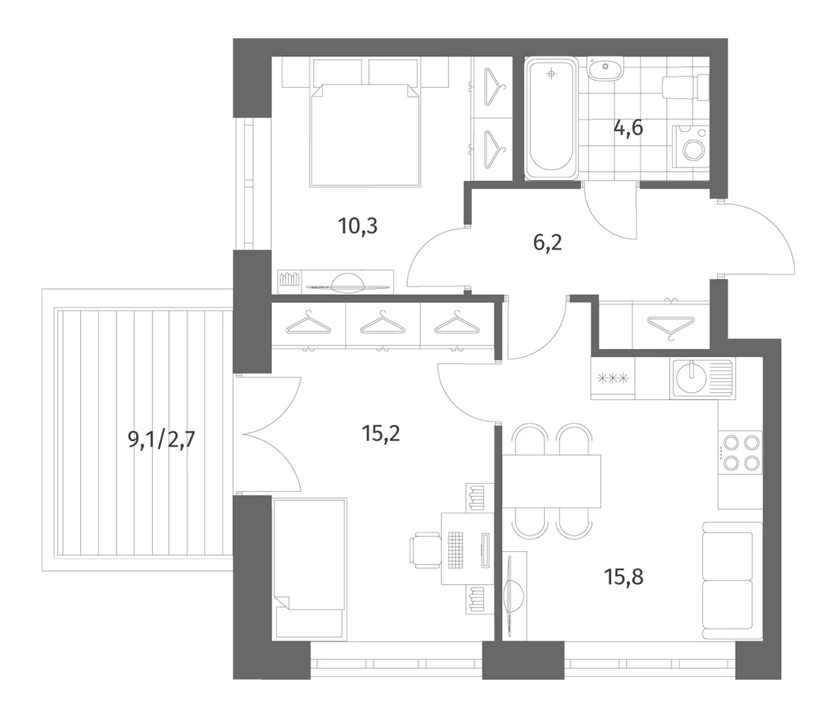 Планировка: Евротрёшка 52,1 м² в ЖК «Новый Питер»