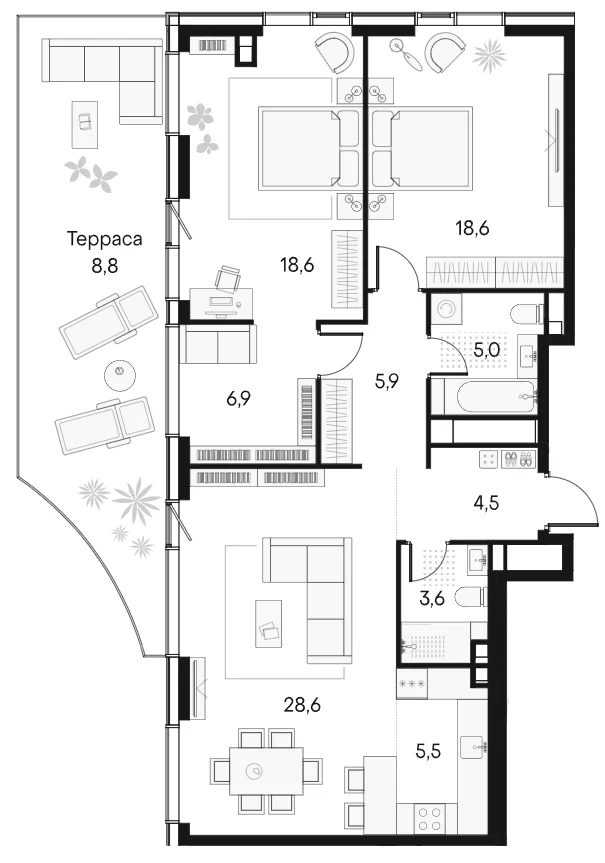Планировка: Евротрёшка 97,2 м² в ЖК «Клубный город на реке Примавера»