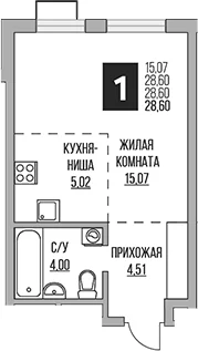 Планировка: Студия 28,6 м² в ЖК «Гранель Алексеевская роща»