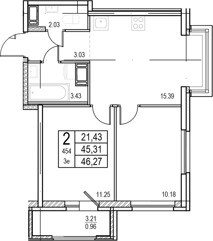 Планировка: Евротрёшка 45,3 м² в ЖК «ID Murino III»