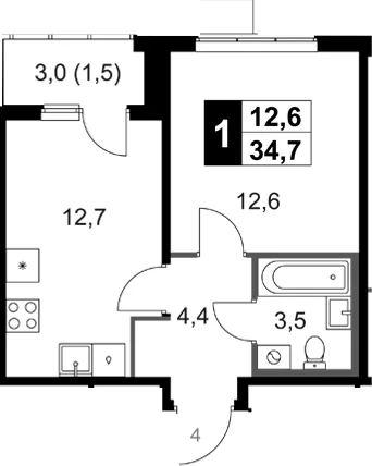 Планировка: 1-комнатная квартира 33,8 м² в ЖК «1-й Ясеневский»