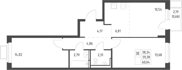 Планировка: Евротрёшка 59,4 м² в ЖК «Новое Видное»