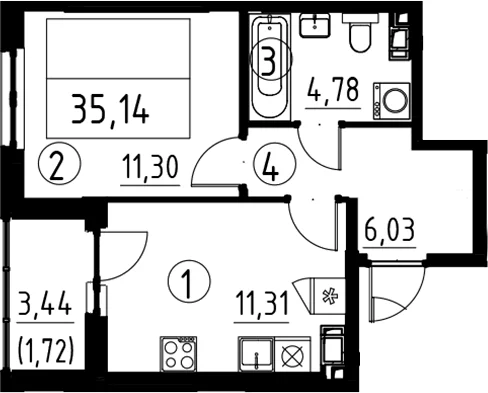 Планировка: 1-комнатная квартира 33,4 м² в ЖК «А101 Лаголово»