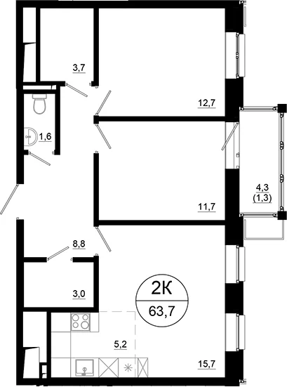 Планировка: Евротрёшка 62,4 м² в ЖК «Союзный»