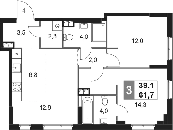 Планировка: Евротрёшка 61,7 м² в ЖК «Сидней Сити»