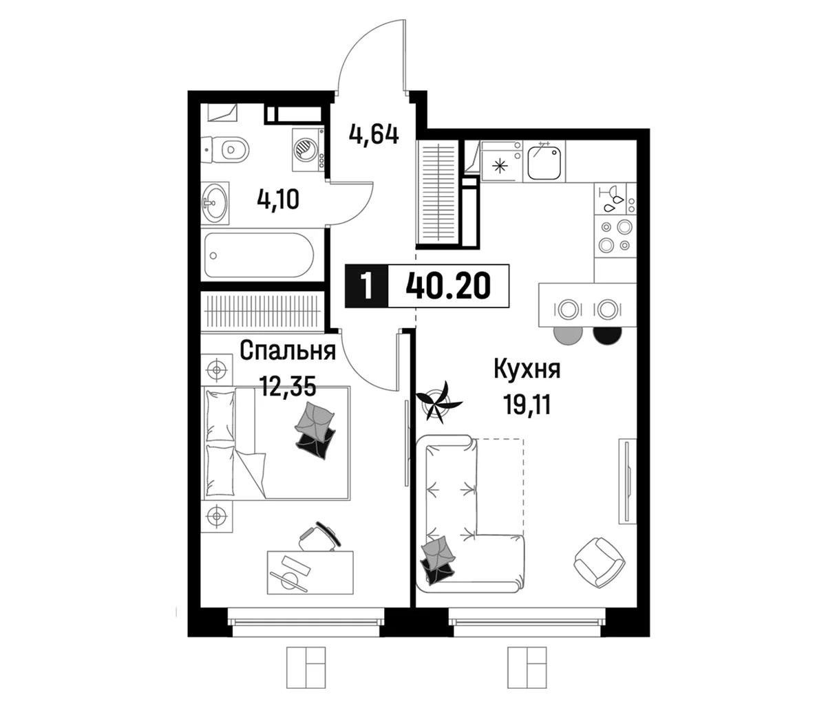 Планировка: Евродвушка 40,2 м² в ЖК «Максималист»