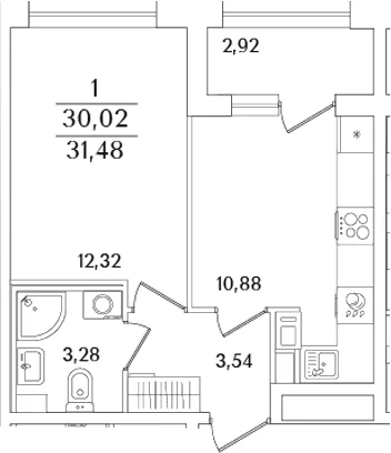 Планировка: 1-комнатная квартира 30 м² в ЖК «Аурум»
