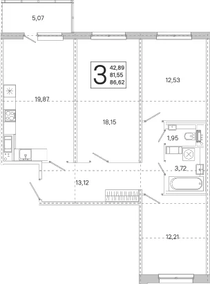 Планировка: Квартира евро-4 81,6 м² в ЖК «ЮгТаун. Олимпийские кварталы»