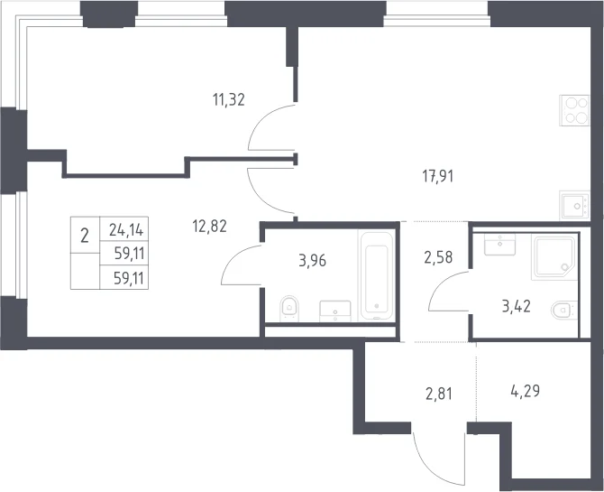 Планировка: Евротрёшка 59,1 м² в ЖК «Литературный Квартал»