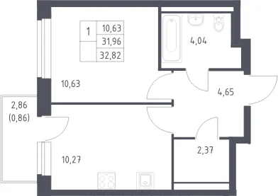 Планировка: 1-комнатная квартира 32 м² в ЖК «Горки Парк»