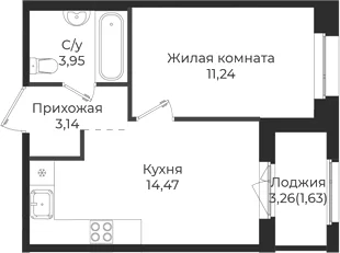 Планировка: 1-комнатная квартира 32,8 м² в ЖК «Новатория»