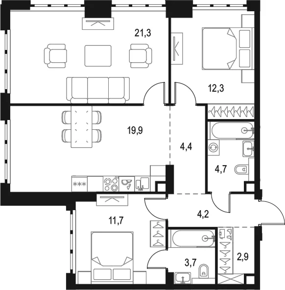 Планировка: 3-комнатная квартира 85,1 м² в ЖК «Левел Южнопортовая»