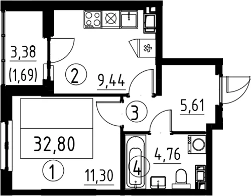 Планировка: 1-комнатная квартира 31,1 м² в ЖК «А101 Лаголово»