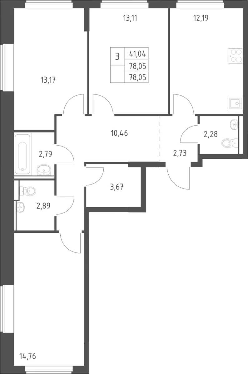 Планировка: 3-комнатная квартира 78,1 м² в ЖК «Егорово парк»