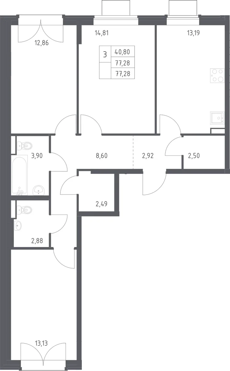 Планировка: 3-комнатная квартира 77,3 м² в ЖК «Квартал Западный»