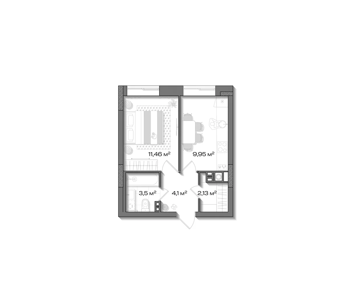 Планировка: 1-комнатная квартира 31,1 м² в ЖК «Аксиома.Возрождение»