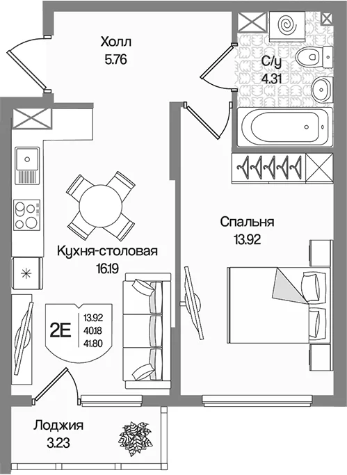 Планировка: Евродвушка 40,2 м² в ЖК «Охтинские высоты»