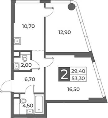 Планировка: 2-комнатная квартира 53,3 м² в ЖК «Даниловский от Гранель»