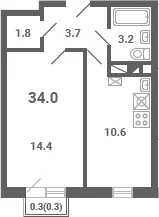 Планировка: 1-комнатная квартира 33,7 м² в ЖК «Южная Долина»