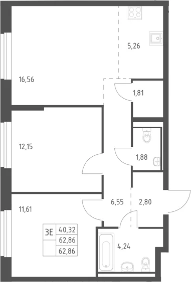 Планировка: Евротрёшка 62,9 м² в ЖК «Горки Парк»