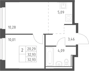 Планировка: Евродвушка 32,9 м² в ЖК «Егорово парк»