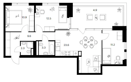 Планировка: 3-комнатная квартира 73,4 м² в ЖК «Бунинская набережная»