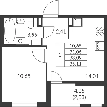 Планировка: 1-комнатная квартира 31,1 м² в ЖК «Амурино»