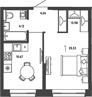Планировка: 1-комнатная квартира 35,3 м² в ЖК «Страна.Парковая»