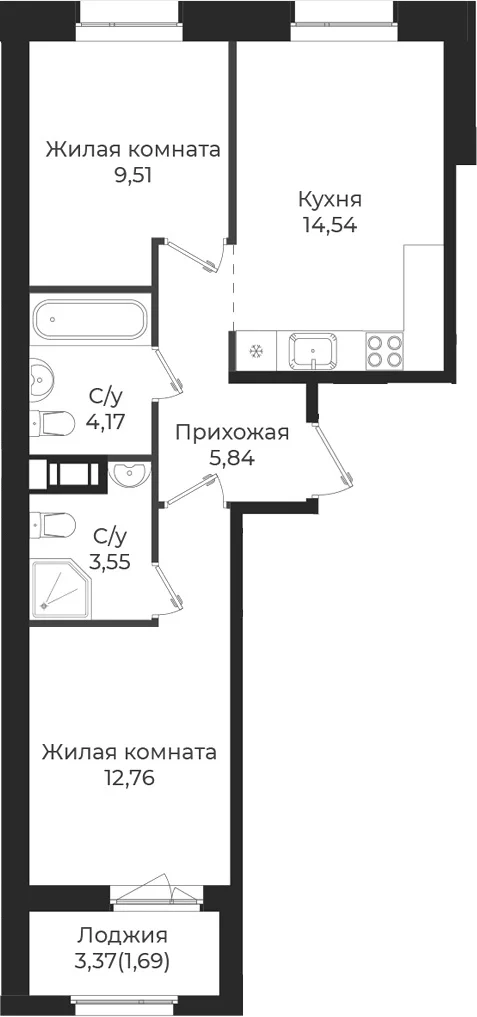 Планировка: 2-комнатная квартира 50,4 м² в ЖК «Новатория»