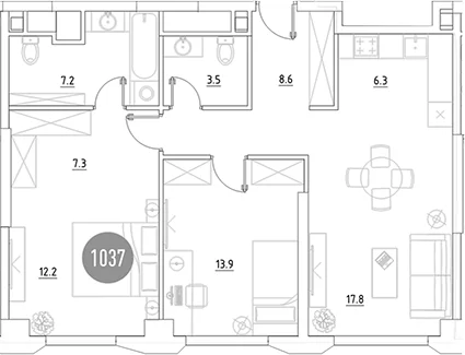 Планировка: Евротрёшка 76,8 м² в ЖК «ВЭРИ на Ботанической»