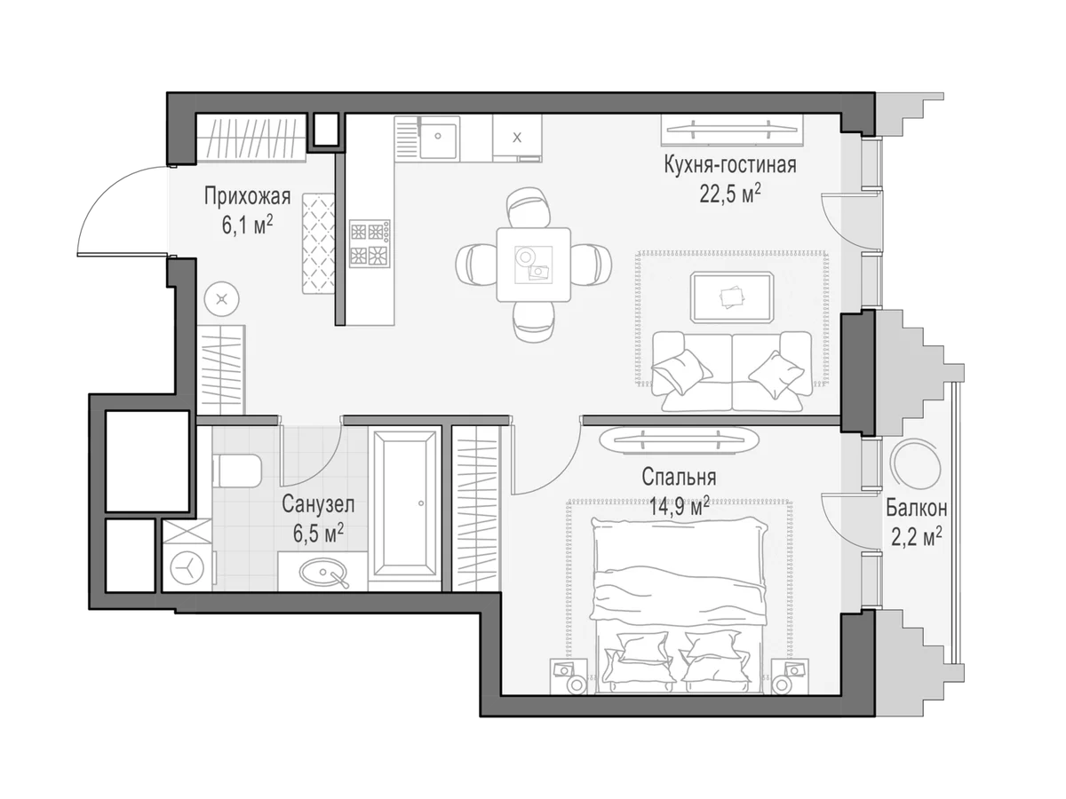 Планировка: Евродвушка 49,5 м² в ЖК «Квартал Тишинский бульвар»