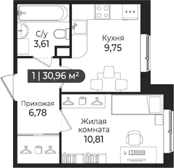 Планировка: 1-комнатная квартира 31 м² в ЖК «Сертолово Парк»