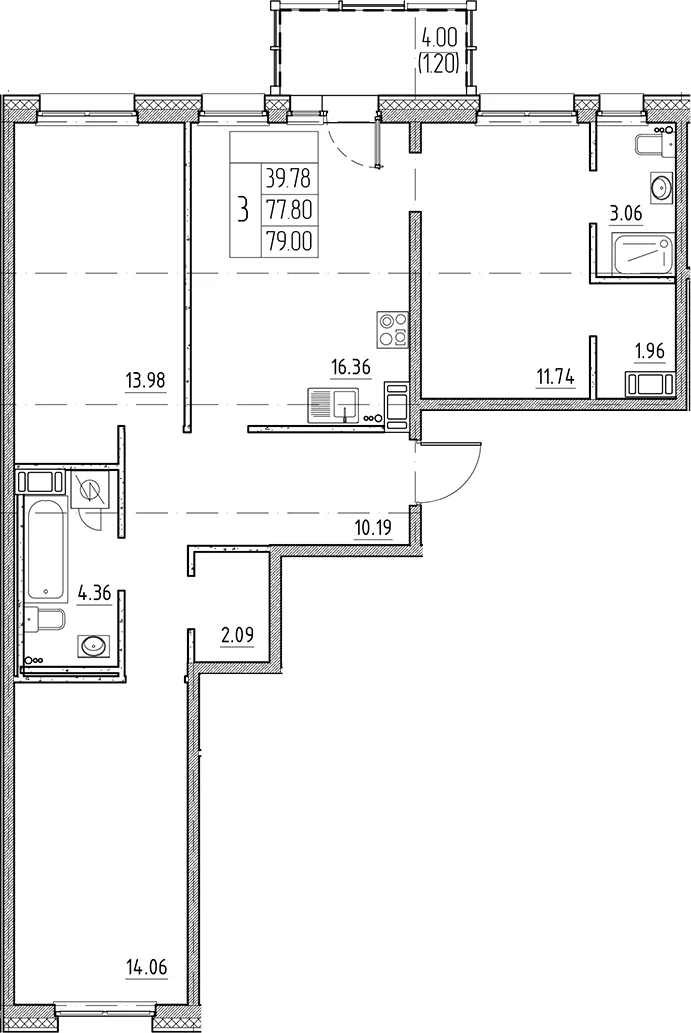 Планировка: Квартира евро-4 77,8 м² в ЖК «Сезоны»