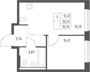 Планировка: Евродвушка 32,1 м² в ЖК «Большое Юрлово»