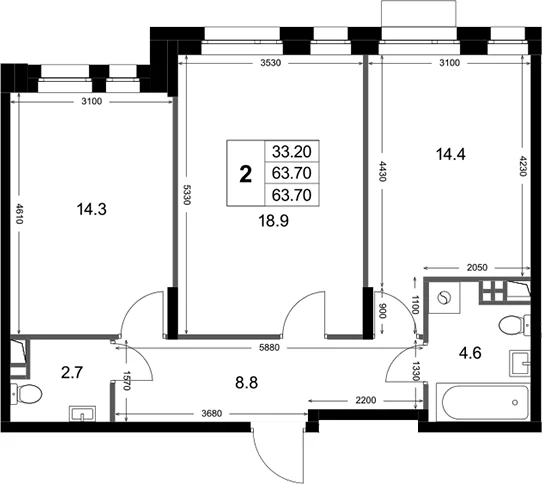 Планировка: 2-комнатная квартира 63,7 м² в ЖК «Кореневский Форт 2.3»