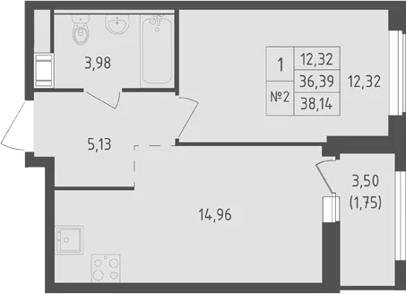 Планировка: 1-комнатная квартира 36,4 м² в ЖК «Южная Нева»