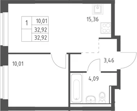 Планировка: Евродвушка 32,9 м² в ЖК «Егорово парк»