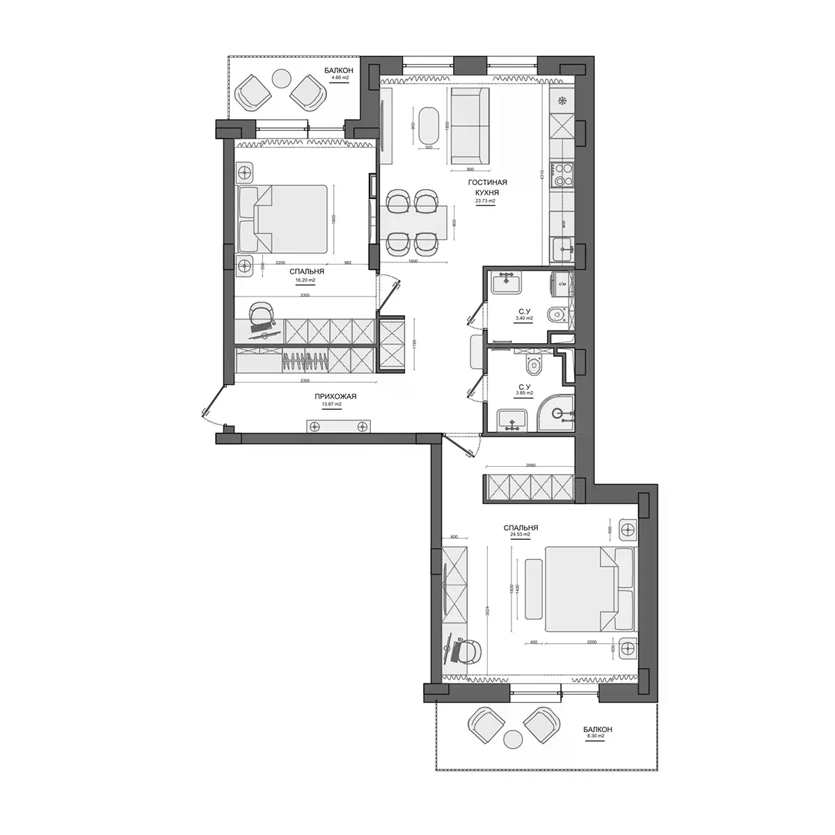 Планировка: Евротрёшка 85,6 м² в ЖК «Лесной»