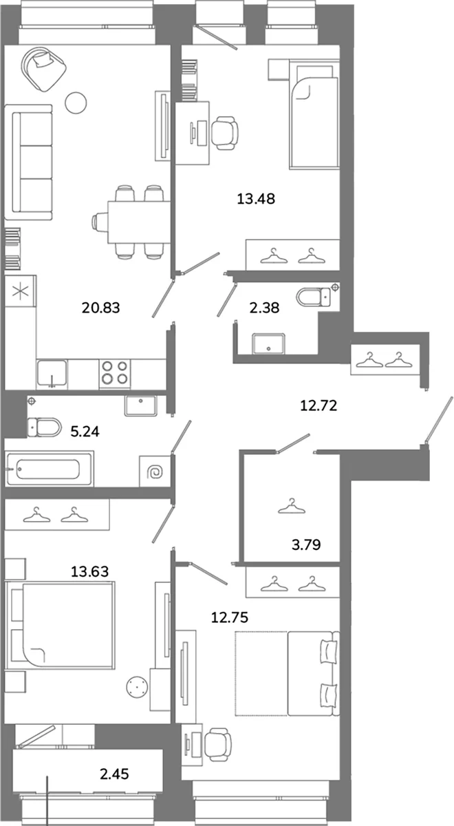 Планировка: Квартира евро-4 84,8 м² в ЖК «Твой Космос»