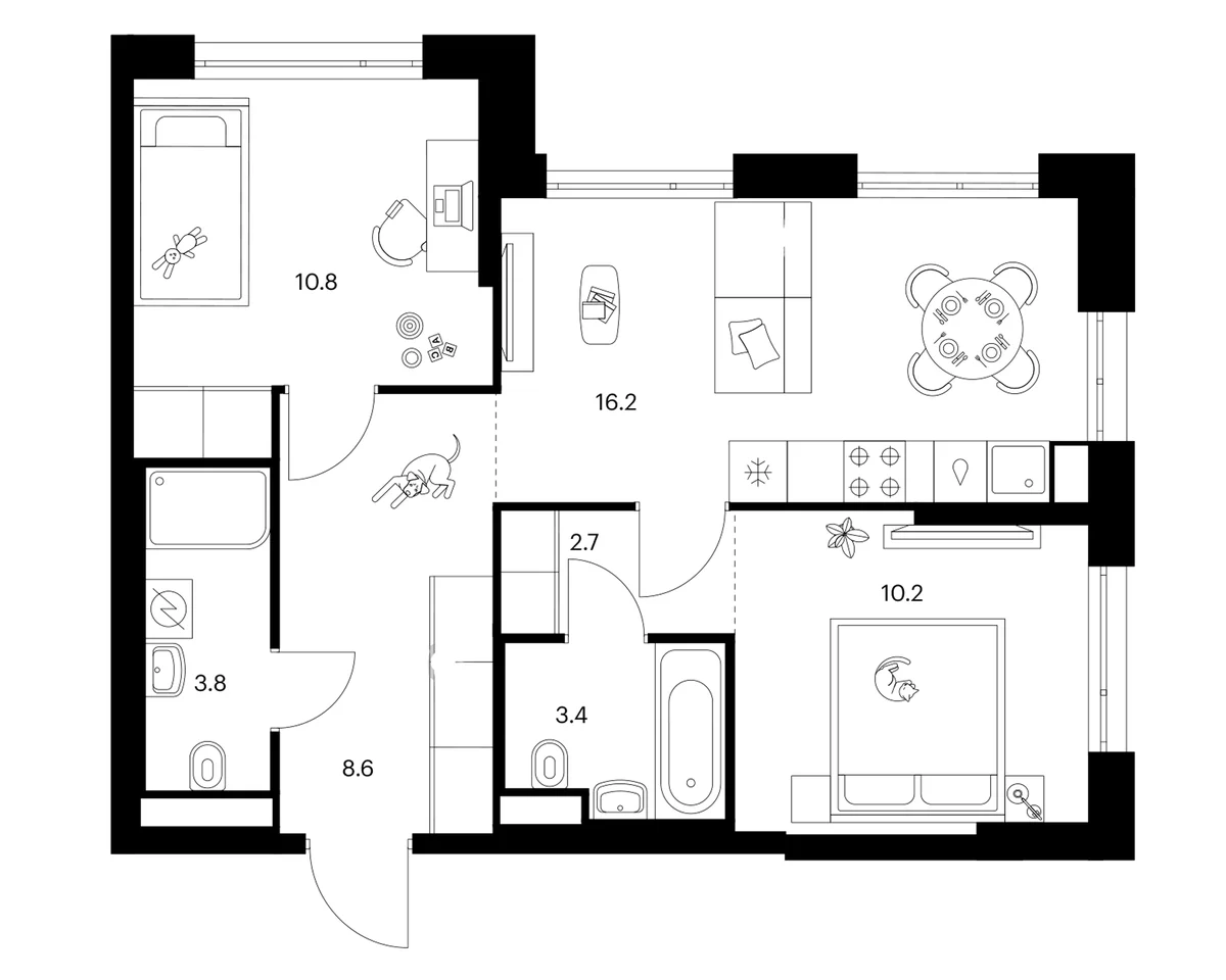 Планировка: 2-комнатная квартира 55,7 м² в ЖК «2-й Иртышский»